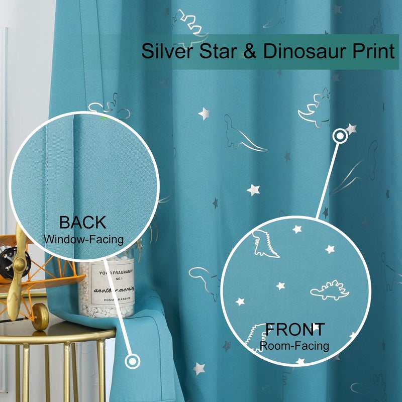 LORDTEX Dinosaur and Star Foil Print Blackout Curtains for Kids Room - Thermal Insulated Curtains Noise Reducing Window Drapes for Boys and Girls Bedroom, 42 x 63 Inch, Teal, Set of 2 Panels - Image 4